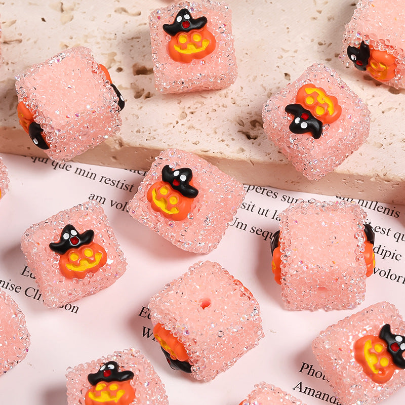 Wholesale 5pcs/pack Rhinestone Halloween Pumpkin Skull Square Sugar Beads